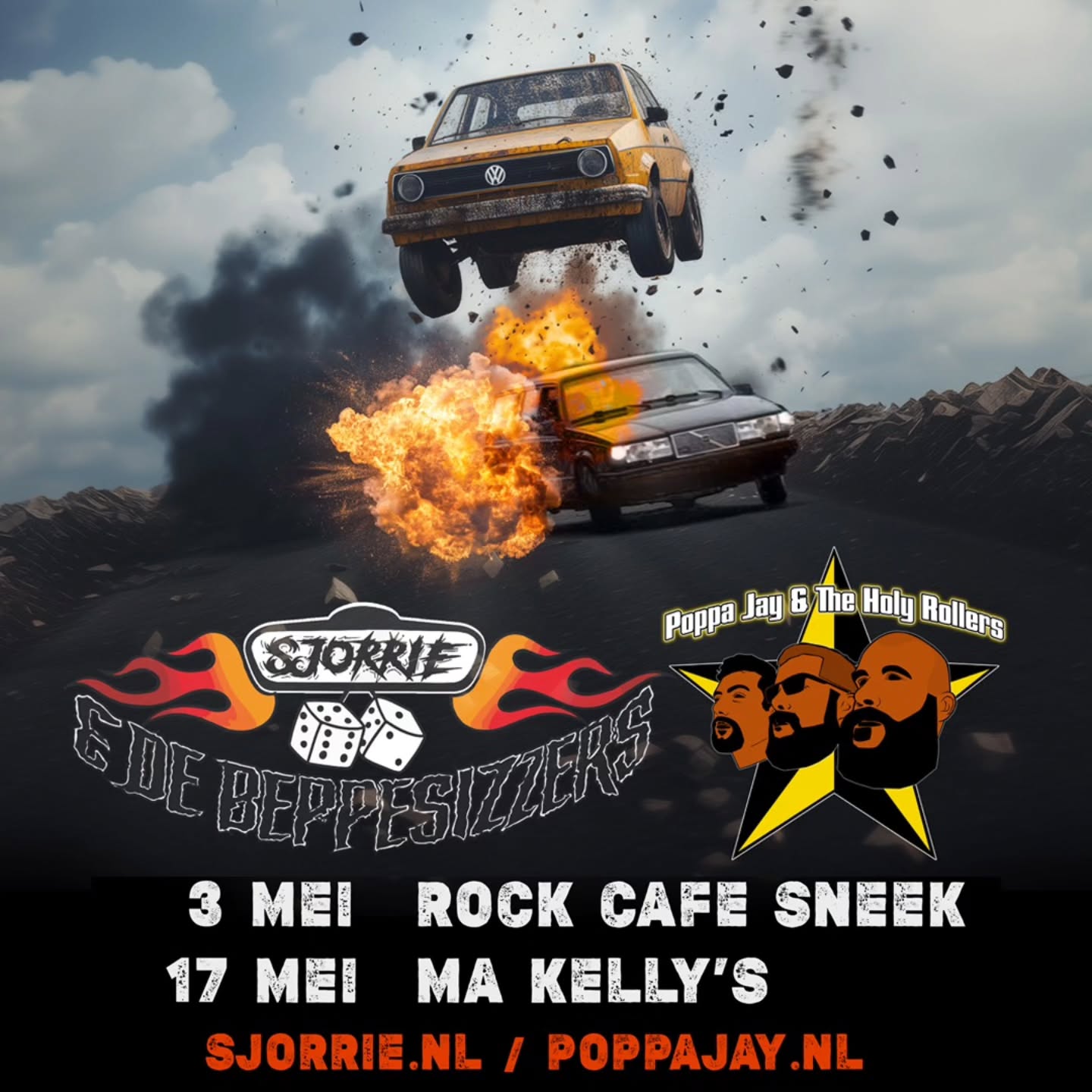 ⚡️ DUBBEL ROCK-‘N-ROLL GEVAAR! ⚡️ 

Geen gezeik, geen censuur—gewoon over de top, vuige rock-‘n-roll zoals het hoort! 🤘🏼🔥
Op 3 mei slepen we Rock Café Sneek de afgrond in, en op 17 mei zetten we Ma Kelly’s in Frieschepalen volledig op z’n kop! 🎸💥 

💀 @sjorrieendebeppesizzers – rock zoals je die al lang niet meer gehoord hebt!
🔥 @poppajay.nl – vuige teksten en vuigere riffs! 

Durf je te komen? Of blijf je thuis in je veilige bubbel terwijl wij de tent slopen?! 😈 

#SjorrieEnDeBeppesizzers #PoppaJayAndTheHolyRollers #RockNRoll #GeenGenade #Fryslân #Devilmademedoit